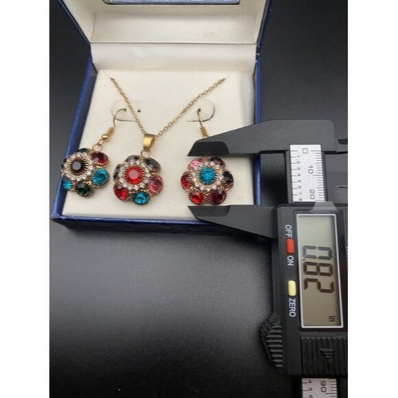 Multicolor Crystal Necklace & Earring Set Rhinestone 18K Gold Plated Pendant 16" - Picture 3 of 6